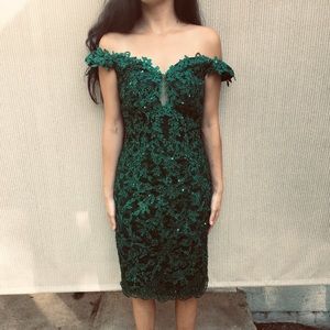 emerald off shoulder dress